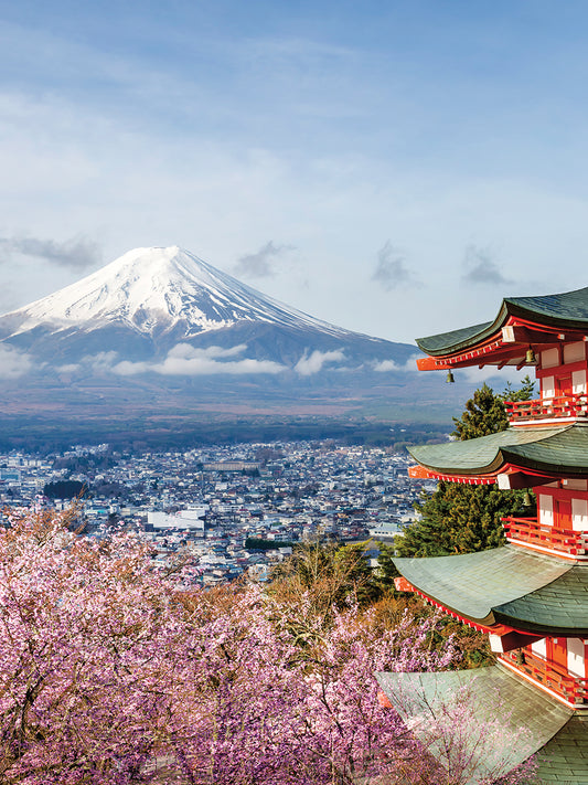 Unique view of Mount Fuji with Chureito Pagoda during cherry blossom season