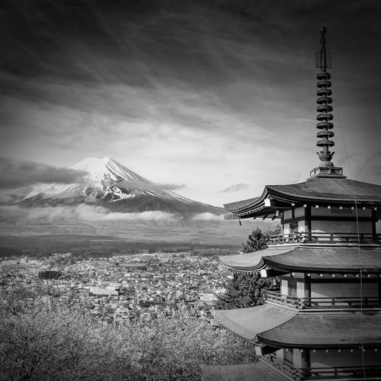 Magnificent view of Mount Fuji with Chureito Pagoda | monochrome