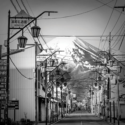 Shimoyoshida Honcho Street with Mount Fuji | monochrome