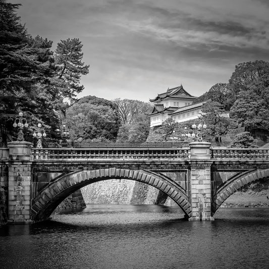 Idyllic Seimon Ishibashi and Nijubashi with Imperial Palace | monochrome