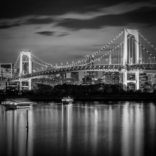 Striking Rainbow Bridge and Tokyo Skyline at sunset | monochrome