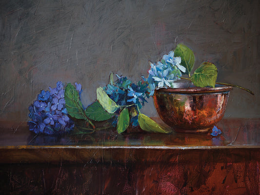 Copper Bowl With Blue Hydrangea