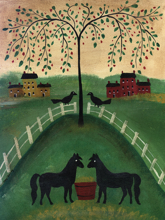 Two Black Horses Under A Willow Tree